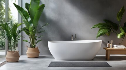 74.Contemporary bathroom setting, clean white tub with subtle curves, soft gray rug underfoot, and large leafy plants adding a natural touch