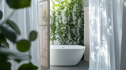 79.Stylish bathroom setting with a freestanding tub, decorative folding screen, and cascading green vines, soft natural light filtering through sheer curtains