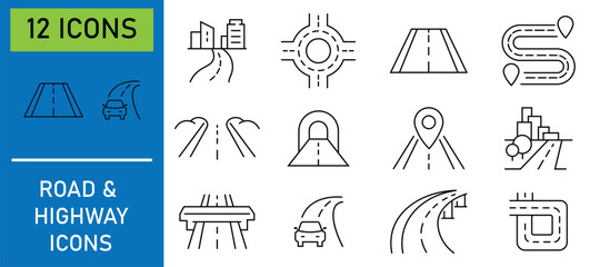 City road and highway vector icons. Road overpass crossroad roundabout flat line circle icon collection. Highway top view. Circle and curve roadway parts. Vector illustration