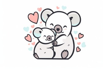 Cute mother koala holding baby cartoon line drawing for kids coloring book. Simple kawaii vector illustration with bold black outline, minimal details, and clean white background.