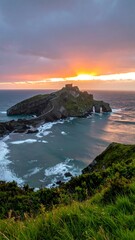 Coastal sunset view of a rugged island