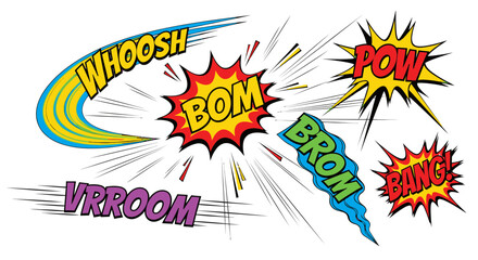 Dynamic Onomatopoeia Collection: An Explosive Set of Comic Book Sound Effects Embodying Action and Impactful Movement with Vibrant Colors and Energetic Design for Creative Graphic Projects