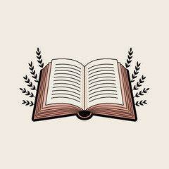 Open book illustration with decorative leaves and a neutral background showcasing knowledge and education promoting a love for reading