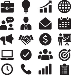 Business Success Icons:  Modern, Bold Black Glyphs for Marketing, Finance, and Teamwork Concepts.