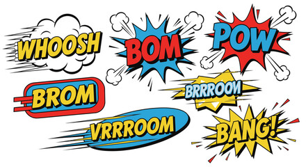 A Dynamic Collection of Retro Comic Book Style Sound Effects and Explosions Illustrations Representing Classic Action and Impact, Perfect for Graphic Design and Creative Projects