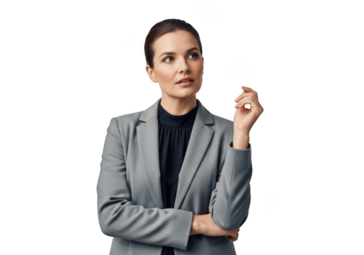 Thoughtful businesswoman in gray suit looking upward png image for presentations and design projects, isolated on transparent background - Powered by Adobe