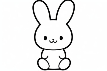 Cute rabbit cartoon line drawing for kids coloring book. Simple kawaii vector illustration with big ears, small eyes, flat minimal design, and cottagecore aesthetic on white background.