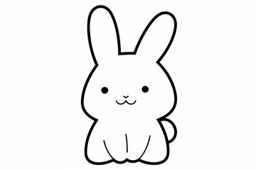 Cute rabbit cartoon line drawing for kids coloring book. Simple kawaii vector illustration with big ears, small eyes, flat minimal design, and cottagecore aesthetic on white background.