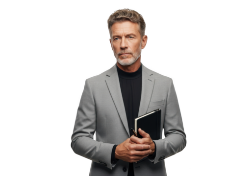 Professional businessman holding notebook portrait stock photo, mature man in suit isolated on transparent background - Powered by Adobe