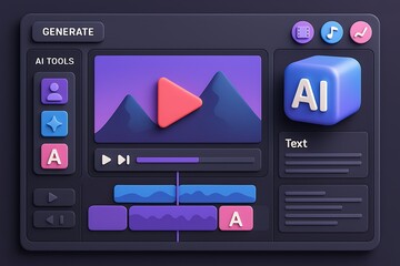 3D video editing interface with AI tools, playback controls, and creative features artificial intelligence tech background