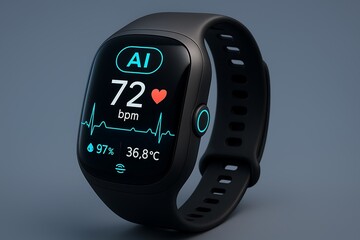 Futuristic health tracking device with AI features, measuring vital signs and health data artificial intelligence tech background
