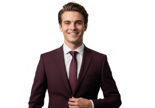 Professional smiling businessman in burgundy suit stock photo, corporate headshot, business portrait, model posing isolated on transparent background
