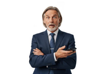 Surprised senior businessman holding smartphone with shocked expression, mature man in suit looking astonished, isolated on transparent background