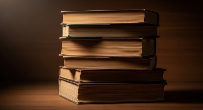 Evocative stack of aged hardback books under warm light ideal for intellectual concepts