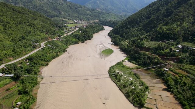 aerial view of Trisuli river in Nuwakot, Nepal.