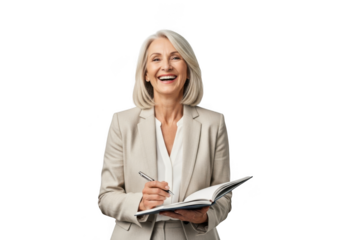 Smiling mature businesswoman writing in notebook, happy professional woman in suit, isolated portrait, isolated on transparent background