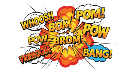 Vibrant comic book explosion illustration featuring dynamic onomatopoeia and a retro aesthetic, perfect for adding a touch of playful energy to designs and emphasizing impact with vivid visuals