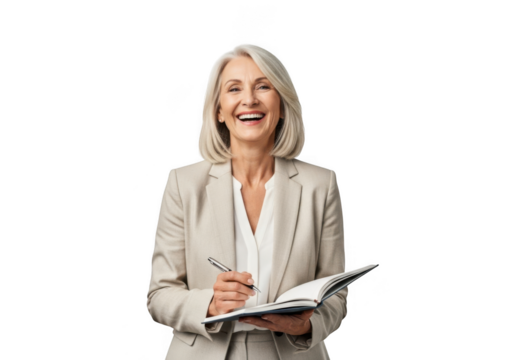 Smiling mature businesswoman writing in notebook, happy professional woman in suit, isolated portrait, isolated on transparent background