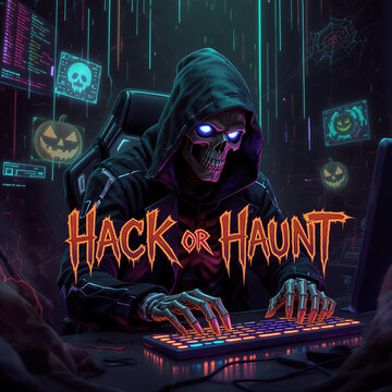 Hacker skeleton in dark room typing on glowing keyboard, hack or haunt