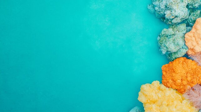 Colorful rock candy scattered on a vibrant turquoise background