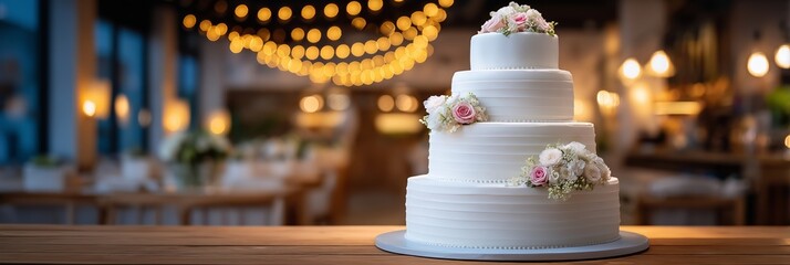 Multi tiered white elegant wedding cake with rose adornments inside reception venue. Celebration dessert for special event.