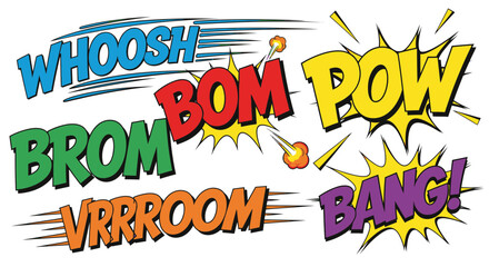 Dynamic collection of vibrant comic book speech bubbles featuring action words like 'Whoosh', 'Bom', 'Pow', and 'Bang', perfect for adding excitement and visual impact to your designs and