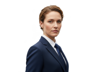Professional businesswoman in navy suit with short hair, headshot portrait for corporate use, isolated on transparent background