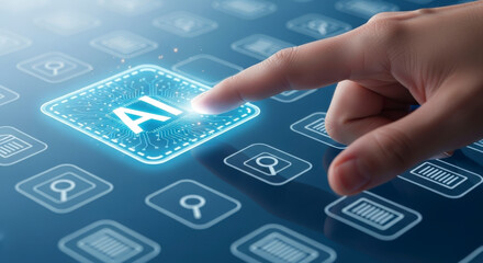 A hand touching a glowing AI icon on a digital circuit board, representing artificial intelligence and advanced machine learning technology