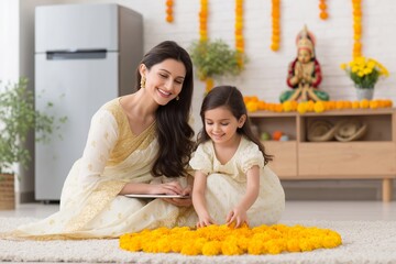 Woman and girl looking at a tablet while making a floral rangoli at home. Family celebrating Diwali or new year.