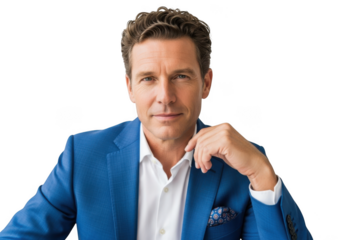 Professional headshot of handsome businessman in blue suit portrait posing for camera stock photo image isolated on transparent background
