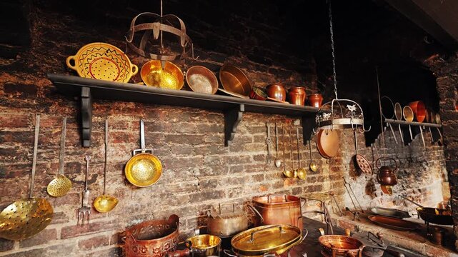 Old European castle kitchen with rustic cookware, copper vessels, and warm tones