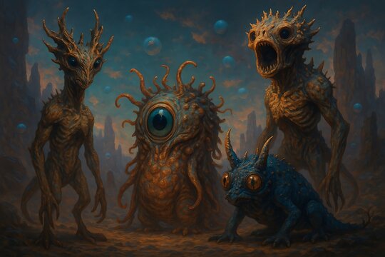 strange alien creatures in a surreal environment, exotic extraterrestrial beings from another world, AI driven world, artificial intelligence tech Background