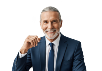 Smiling mature businessman portrait in blue suit with gray hair and beard isolated on transparent background for professional use isolated on transparent background