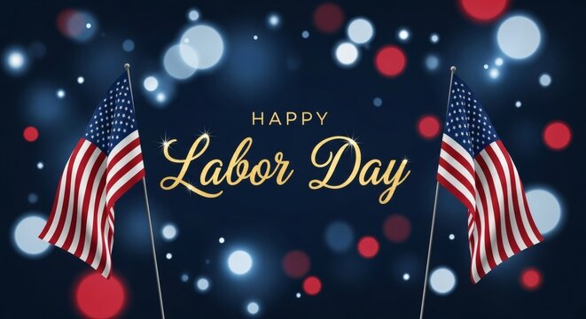 Happy labor day celebration with american flags and festive bokeh lights on a dark blue background - Powered by Adobe