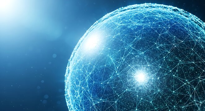 Abstract glowing blue network sphere with bright light on dark background