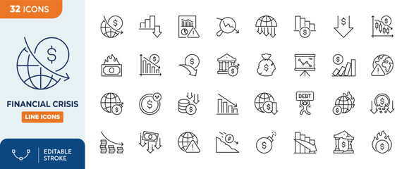Financial crisis line editable icon set. Containing bankruptcy, debt, financial , downturn, crisis, decrease, and more. Editable stroke. Vector illustration © Cetacons