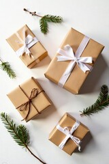 Artisan Christmas gift boxes adorned with craft paper & twigs on white , new year, xmas