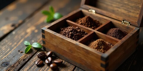Artisanal coffee sampler in a rustic wooden box, anniversary, sustainable