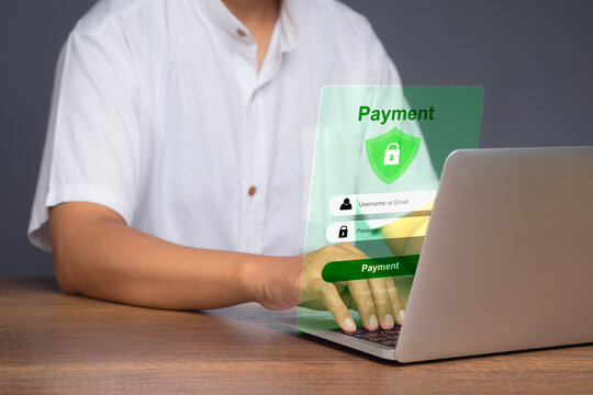 Online payment authentication with username and password input on transparent digital screen overlay.