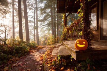 Happy jack o lantern on wooden cabin porch with autumn forest, family Halloween decoration, rustic fall lifestyle, cozy home seasonal concept

