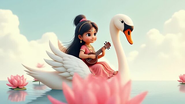A cartoon-style Saraswati as a tiny cute girl sitting on a swan, holding a miniature veena, with pink lotus flowers floating in the background, illustrated in flat pastel style.