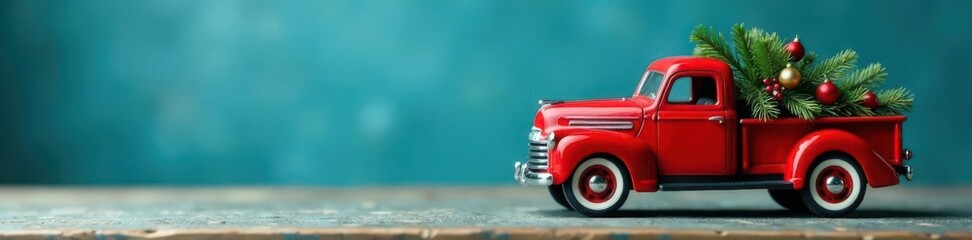 Classic Christmas toy truck on wood, blue backdrop, truck, christmas, kid