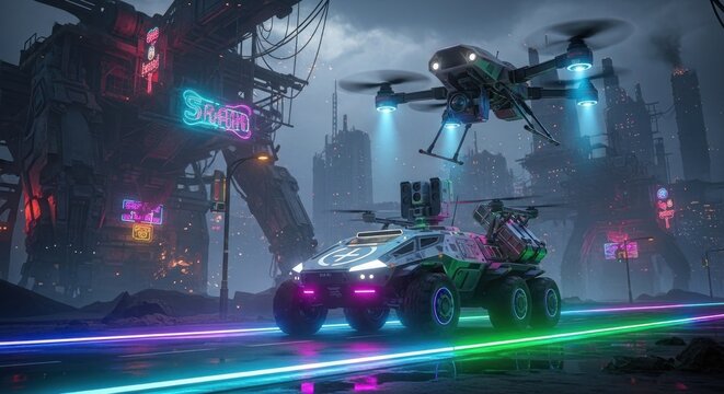 Futuristic urban landscape featuring advanced vehicle and hovering drones in a dystopian setting