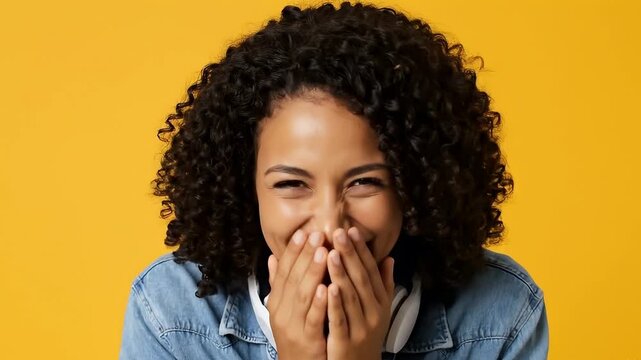 Smiling woman covering mouth with hands wearing a denim shirt and headphones against a yellow background