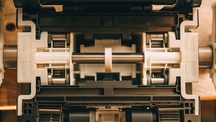 Intricate design of machinery showcases inner workings of device, emphasizing importance of vocational training in understanding such technology