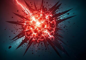 A vibrant red explosion with glowing particles and sharp fragments