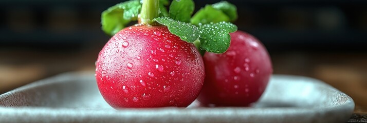 Close-up of two vibrant red radishes with water droplets and green leaves, resting on a light gray plate
