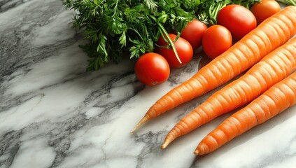Fresh carrots and cherry tomatoes on a marble countertop