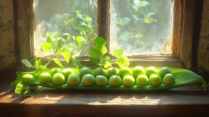Fresh green peas on a pod, nestled on a windowsill bathed in sunlight