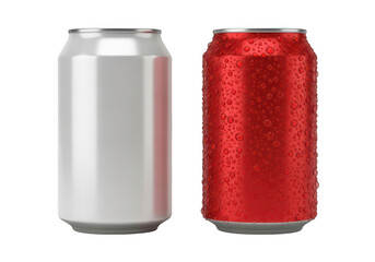Two refreshing soda cans one silver and one red isolated on transparent background